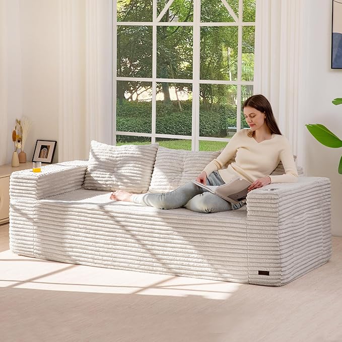 MAXYOYO 79" Oversized Boneless Loveseat Sofa Couch for Small Spaces, Mini Love Seat Floor Couch with Cup Holders and Pillows, 3-Seater Upholstered Cloud Couch for Bedroom, No Assembly Required