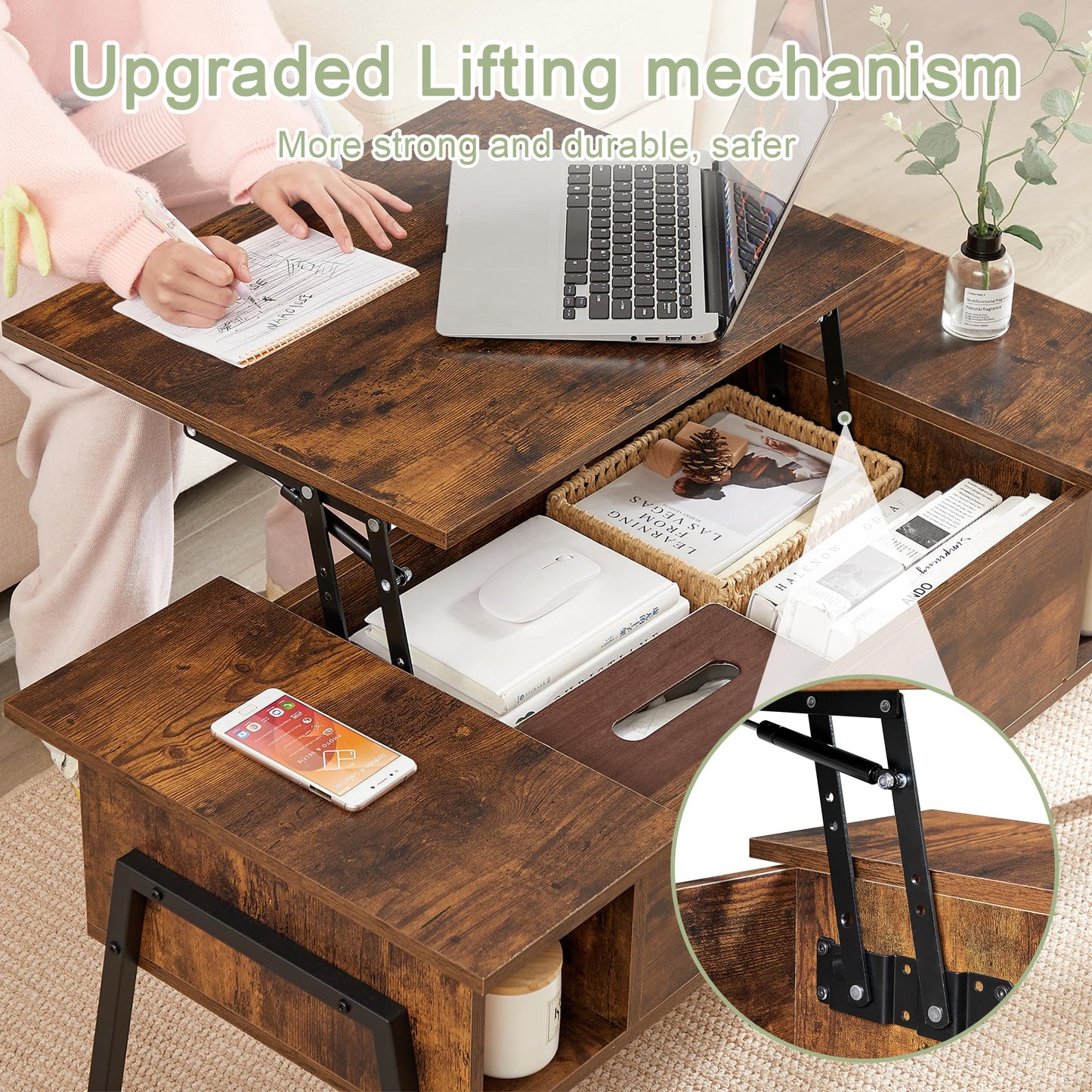 VECELO Wood Lift Top Coffee Table with Hidden Compartment and Storage Shelf for Living Room/Office Reception, Rising Tabletop, Brown