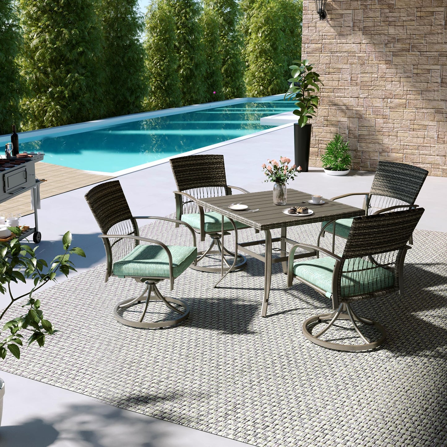 Pamapic 5 Piece Patio Dining Set for 4,Outdoor Wicker Furniture Set for Backyard Garden Deck Poolside with 4 Cushions Swivel Rocker Chairs, Square Iron Slats Table Top, Removable Cushions(Green)