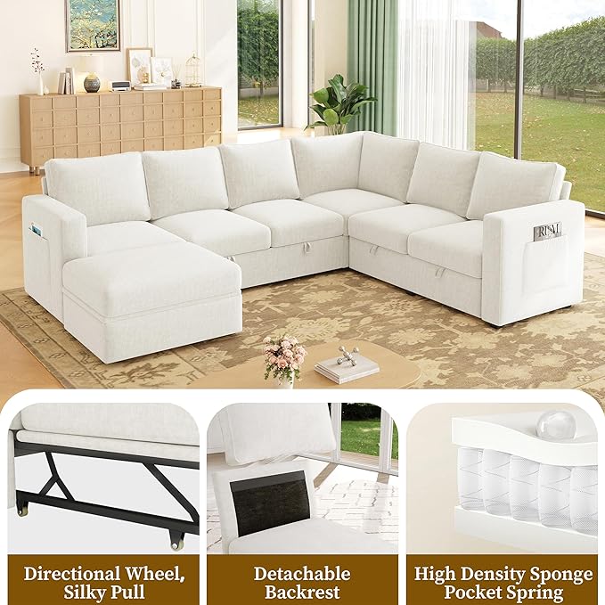 SUAWY 83.5" Sectional Sleeper Sofa with Pull Out Couch, Modern 5 Seat L Shaped Modular Couch, Sectionals Modular Sofa with Storage, Comfy Sectional Couches for Living Room & Apartment, Light Beige