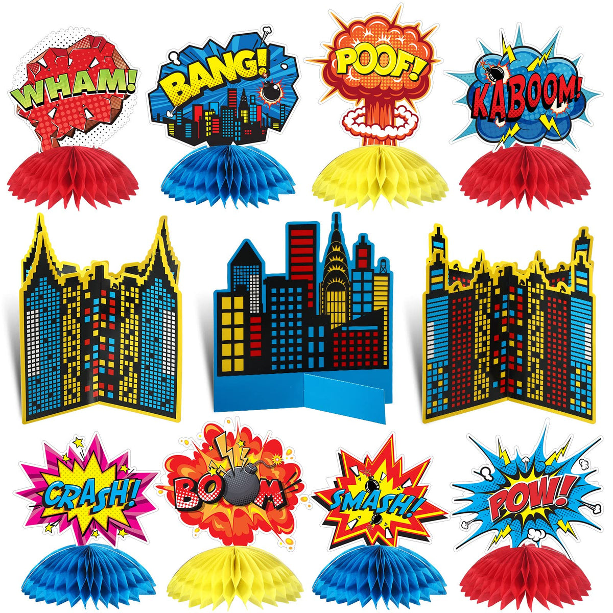 Funrous 11 Pieces Hero Party Decoration Hero Honeycomb Centerpieces 3D Table Topper Paper Large Word Centerpieces Fun Action Sign Standing Card for Birthday Baby Shower Decor Supplies(Classic)