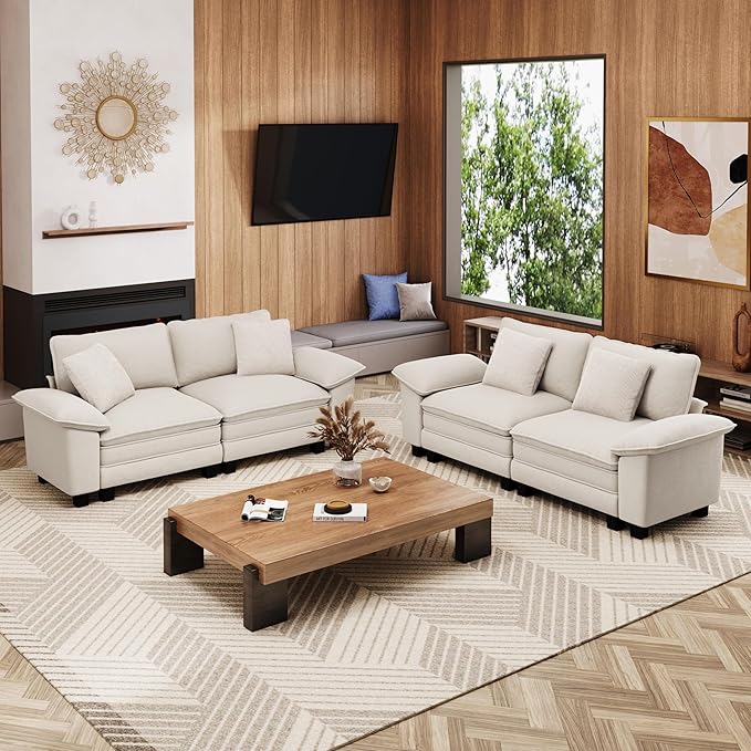 MIXPATIO L-Shaped Cloud Modular Sofa Set, 4-Piece Double Loveseat Sectional w/Deep Seat & Removable Arms, Plush Chenille for Living Room - Beige