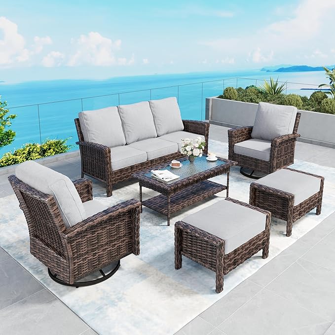 SUNSHINE VALLEY 6 Piece Patio Furniture Set with Swivel Chairs, High Back Wicker Rattan Sofa with Extra Thick Cushion, Coffee Table and Ottoman, Outdoor Conversation Set for Backyard Deck, Grey