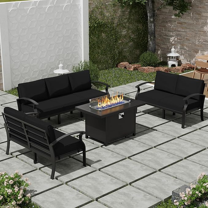 RTDTD Aluminum Outdoor Patio Furniture Set,4 Pieces 7 Seats Patio Conversation Sets with 45" Propane Fire Pit Table,Metal Patio Sectional Furniture Set w/5.1" Cushions for Porch,Deck,Backyard,Black