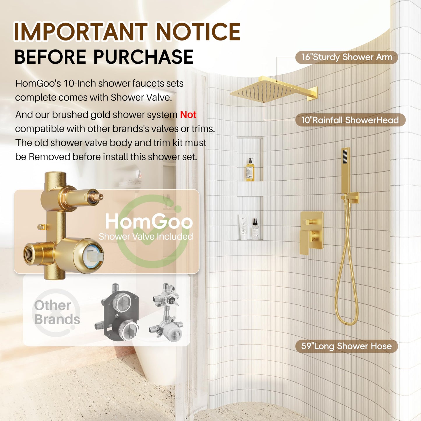 HomGoo Gold Shower System, Shower Faucet Set with 10" Rain Showerhead and Handheld Combo Spray, Bathroom Wall Mounted High Pressure Shower Combo Set Included Valve and Trim, Brushed Gold