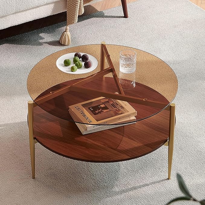 Pine Flicker Round Coffee Table, Mid-Century Modern Design, D30*H17 inch, for Living Room, 2-Tier Structure, Amber Glass Top and Walnut Wood Shelf, Sleek Conical Metal Legs with Gold Finish