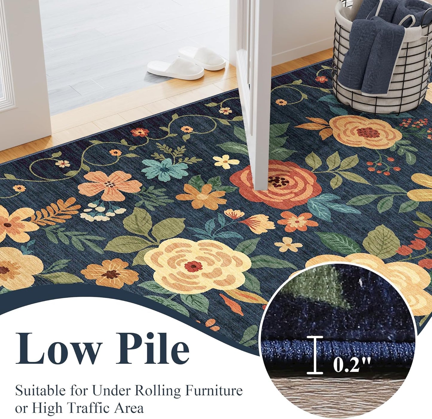 DUKINO 4x6 Area Rug, Lightweight Non Slip Washable Floral Rug, Indoor Low Pile & Non-Shedding Boho Design Rugs for Bedroom, Living Room, Dining Room, Dark Blue
