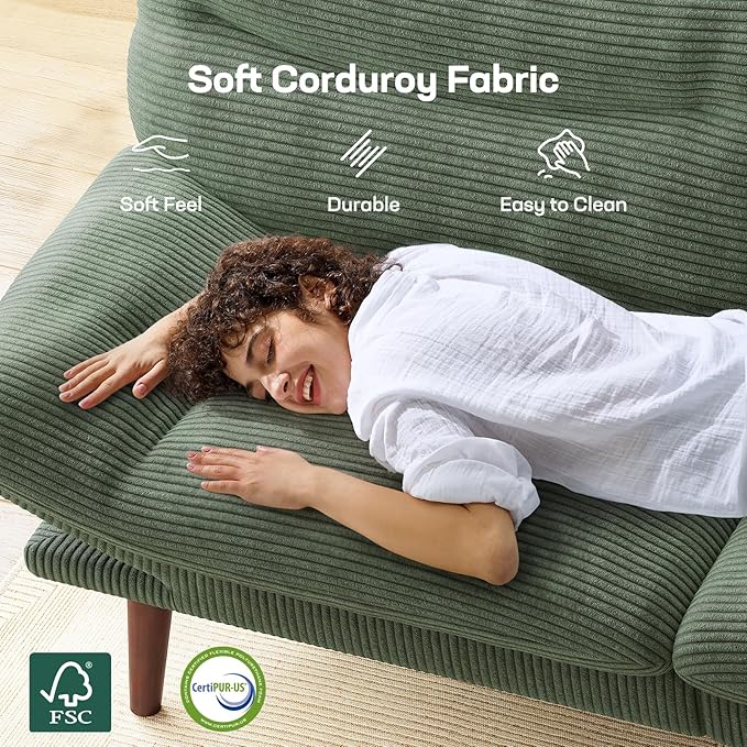Marsail Futon Sofa Bed, 66” Futon Couch with Adjustable Backrest & Armrests, Convertible Small Sleeper Sofa Bed for Small Apartments, Study Room, Office, Corduroy Loveseat, Dark Green