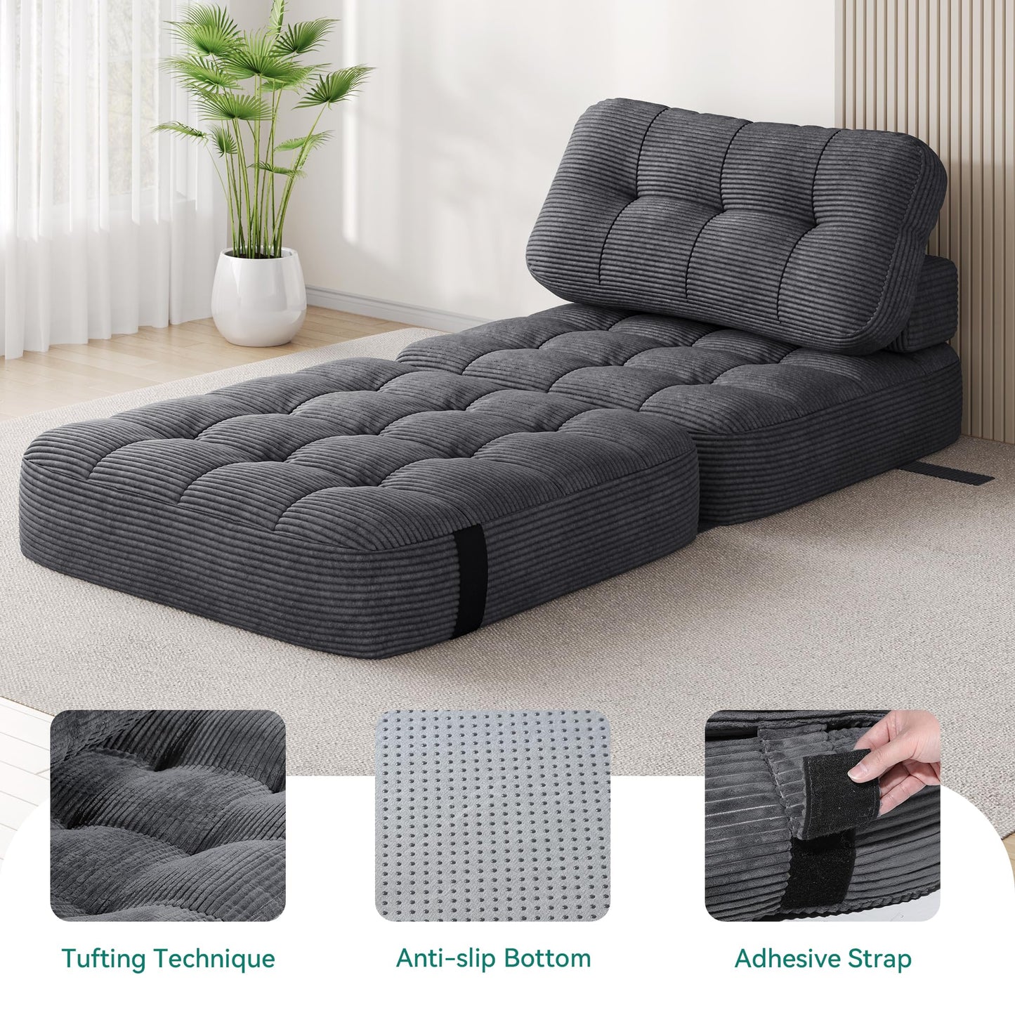 YITAHOME Folding Sofa Bed, Convertible Lazy Sleeper Chair with Pillow Foldable Mattress with Back Support, Portable Fold Out Chair Bed,Comfy Floor Sofa Lounge for Living Room, Bedroom, Dark Grey