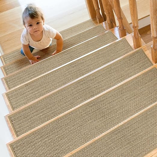 Stair Treads Non Slip for Wooden Steps Indoor 10" x 30" 12 Pack Extra Wide Stair Tread Carpet Stairs Runner, Step Pads with Reusable Adhesive for Dogs Kids Elders, Machine Washable, Beige
