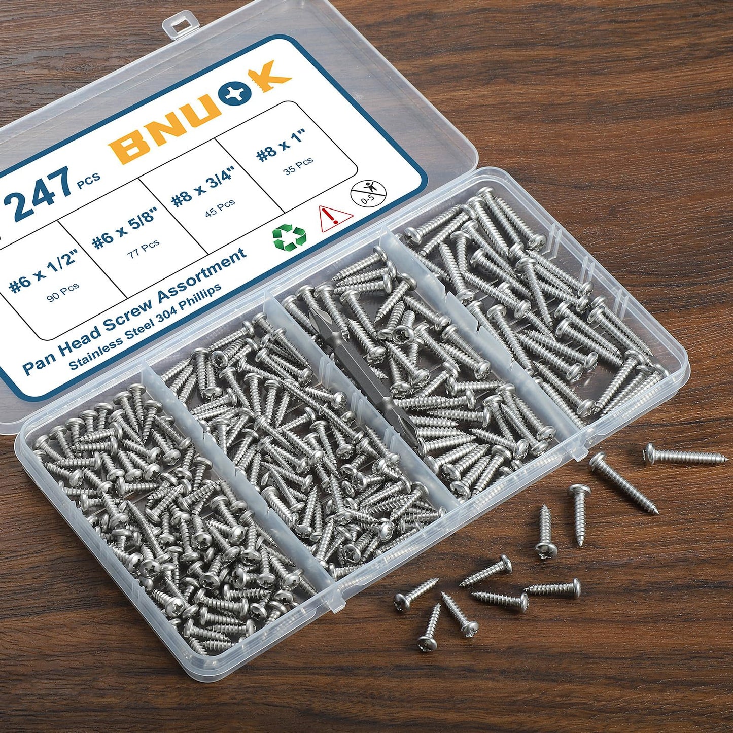 BNUOK 247Pcs Pan Head Wood Screws Assortment Kit, #6#8 Stainless Steel 304 Self Tapping Screws Set, Phillips Drive, Sheet Metal Screws
