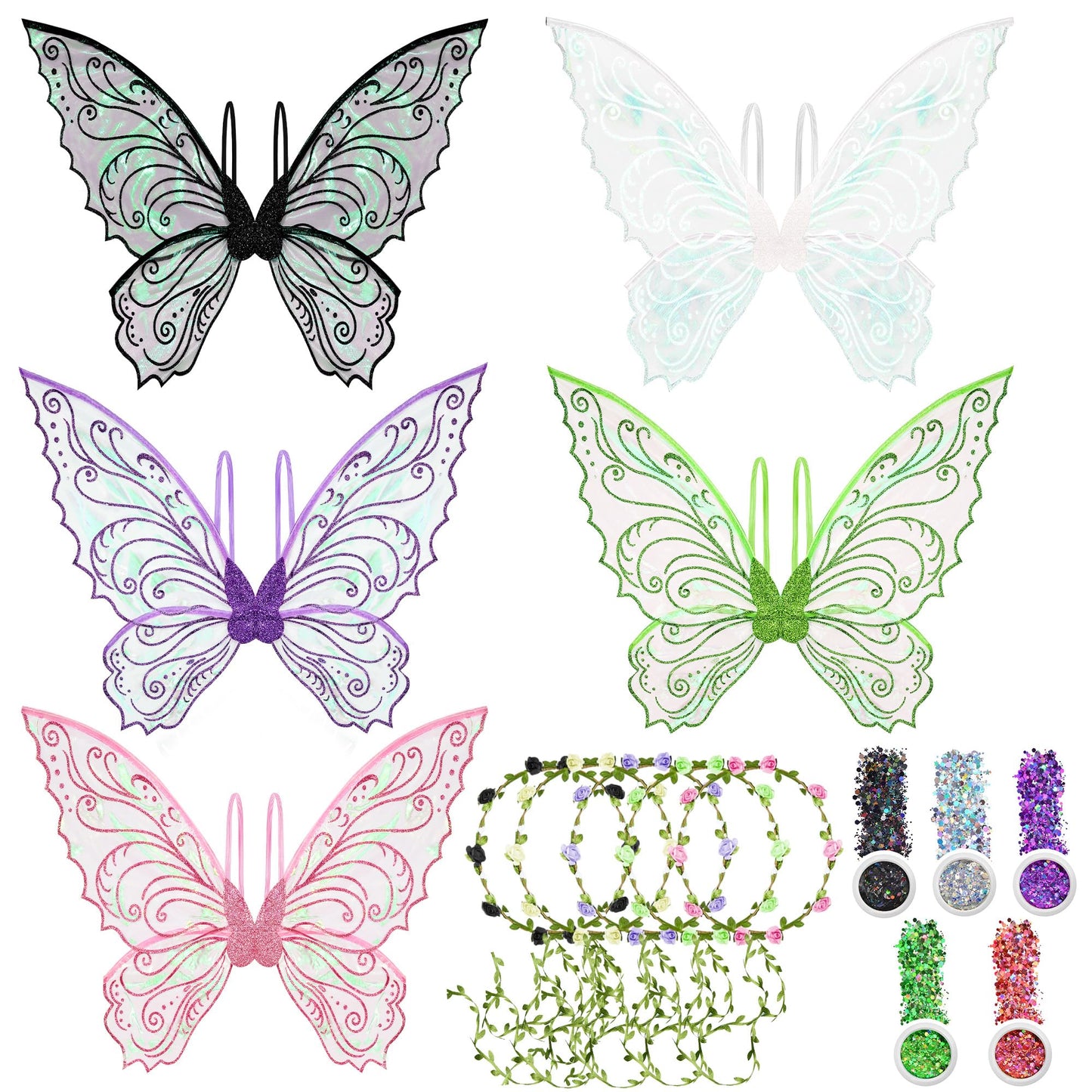 U-Goforst Fairy Costume Wings for Adults, Butterfly Wings for Girls Women, Halloween Costume Cosplay Dress Up, Sparkly Wings with Flower Crown and Glitter (Pink)