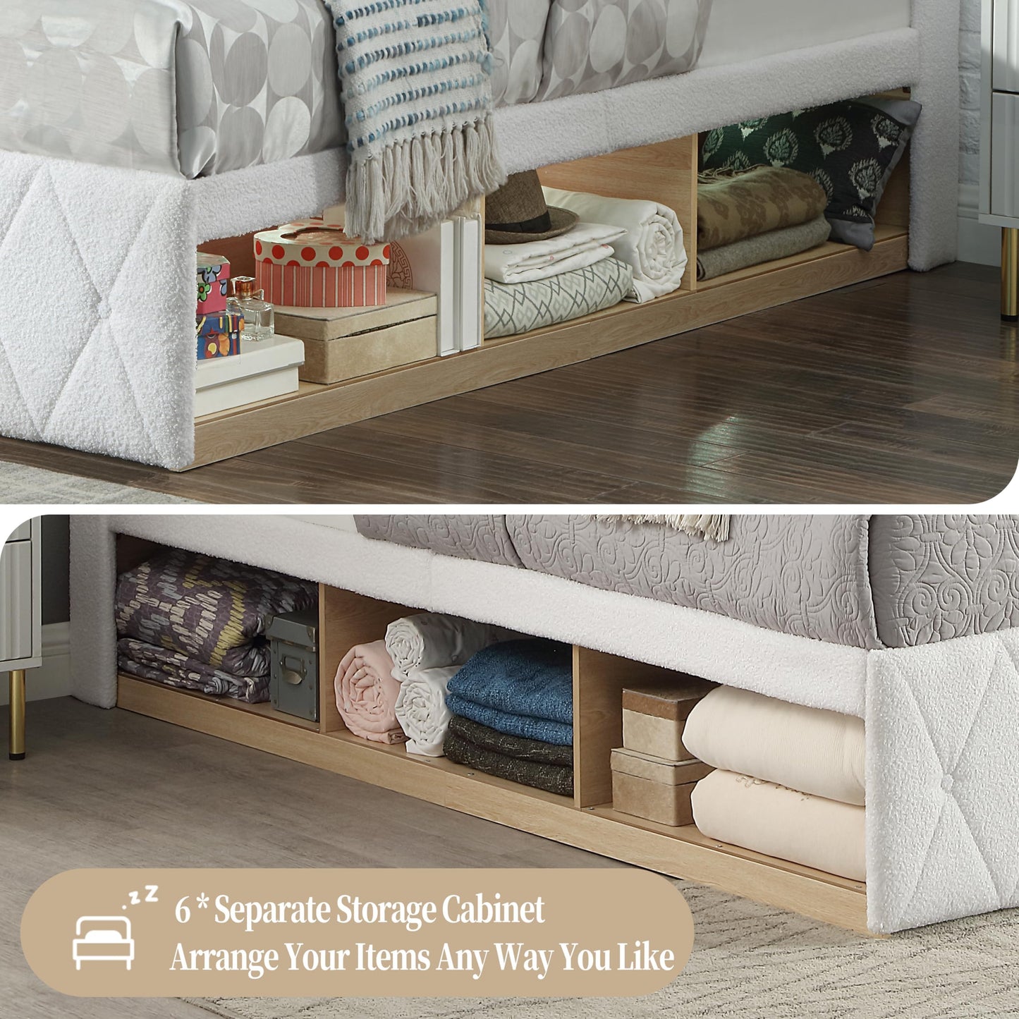DynJest Queen Size Bed Frame with 6 Storage Cabinet and LED Lights, Boucle Upholstered Button Tufted Headboard - Includes Charging Station, Noise-Free, No Box Spring Needed, (Modern Style) White