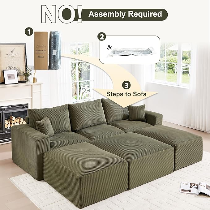 113" Modular Sectional Sofa, Compression Sofa with Deep Seat, Convertible Sofa Bed Couch with Ottoman, Upholstered Couches for Living Room Bedroom,No Assembly Required (Green Corduroy, 113" Sofa Bed)