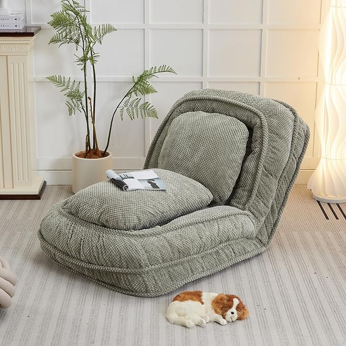 KEIKI Foldable Tatami Lazy Sofa Couch Bed with 5 Adjustable Position, Minimalist Style Space Saving Design Human Dog Bed with Cushion Back, Easy Assembly, for Apartment, Living Room, Bedroom, Green