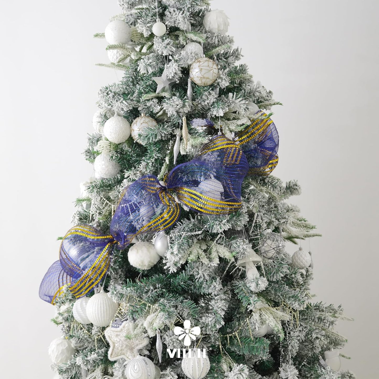 MEEDEE Navy Deco Mesh 10 Inch Deluxe Wide Foil Gold Border Mesh Metallic Mesh Fabric Navy Blue & Gold Mesh Ribbon for Christmas Tree, Wreaths, Garland, Gift Wrapping, Bows Making (30 Feet)