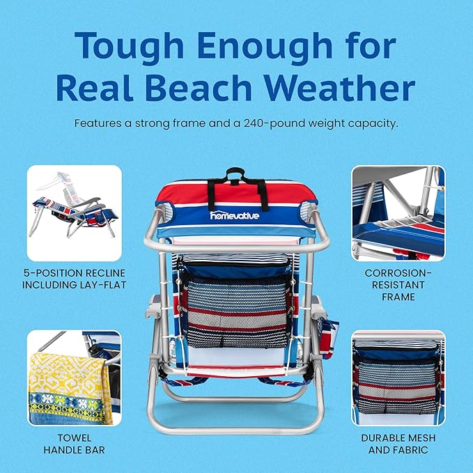 Homevative Cooler+ Folding Backpack Beach Chair with 5 Positions, Towel bar, XL Cooler Pouch, Storage Net, Cup and Phone Holder, Fireworks, 2 Pack