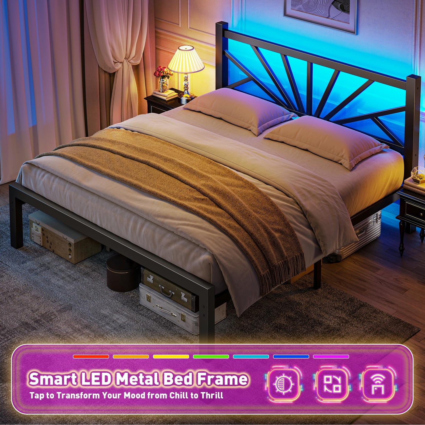 Metal Bed Frame Queen Size with LED Lights,Queen Bed Frame with Headboard,Heavy Duty Sturdy Mattress Foundation with Storage Space,Strong Metal Slats Support,Noise Free,No Box Spring Needed,Black
