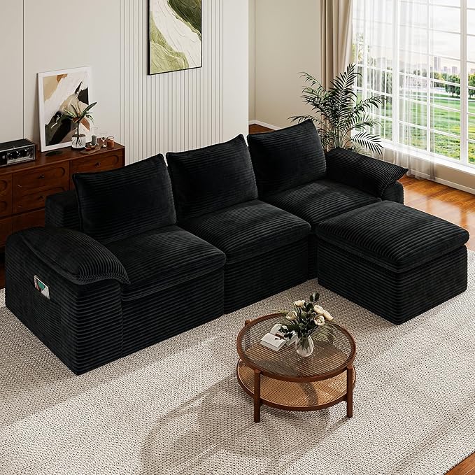 Buytime 104" Comfy Cloud Couch, Convertible Boneless Couches for Living Room, L Shaped Modular Sectional Sofa with Deep Seat, Double-Layer Cloud Cushion and Headrest, Black