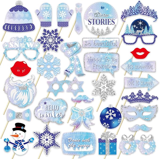 Winter Photo Booth Props - Set of 33 Winter Wonderland Party Decorations Christmas Photo Booth Props for Froze Party Holid...