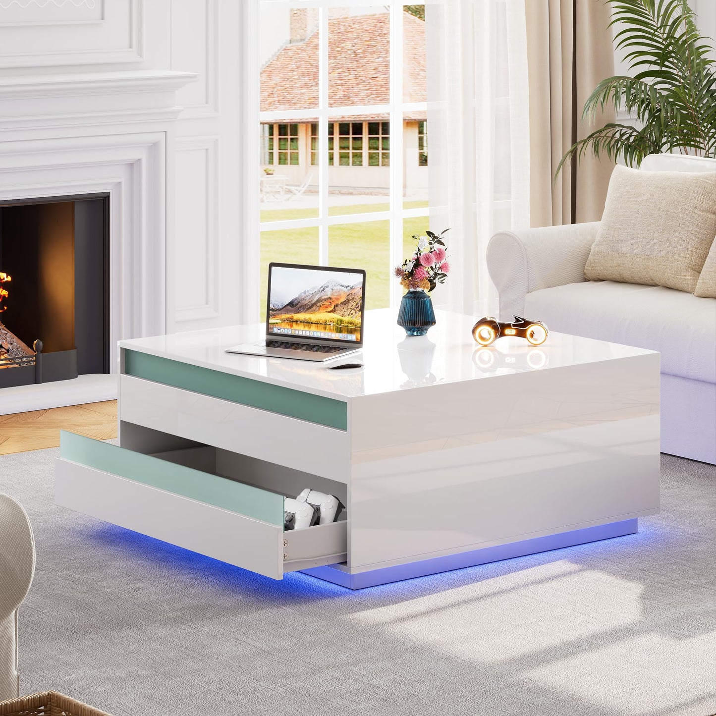 High Gloss Coffee Table with Storage,White Square Lift Top Coffee Tables with LED & Flip Lid, Small Modern Coffee Table for Living Room with Drawer