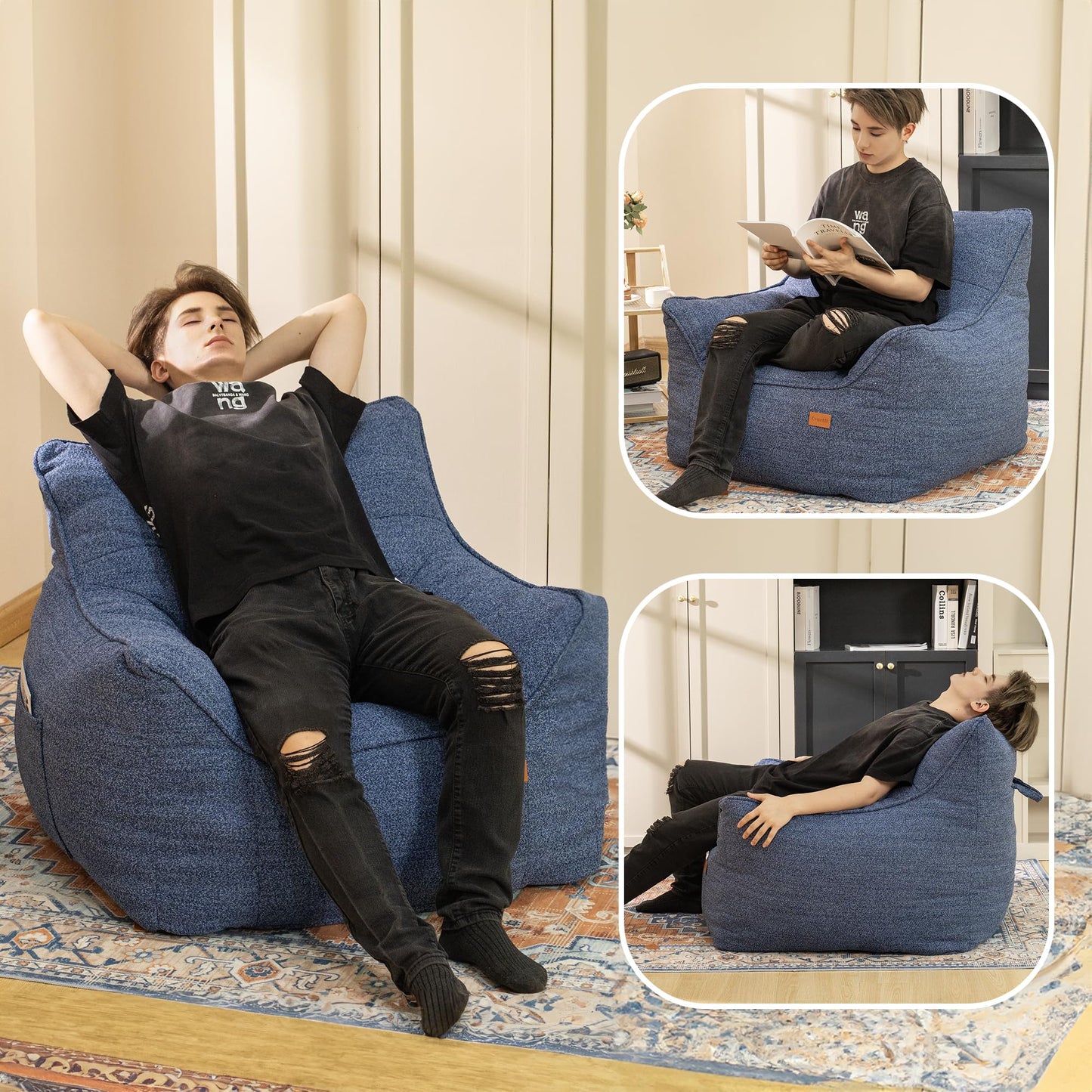 Cvortll Bean Bag Chair for Adults, Comfy Tufted Bean Bag Chair Sofa with Armrests, Lazy Beanbag Chair with Foam Filler Stuffed Bean Bag Couch Sofa for Reading in Bedroom, Living Room and Dorms