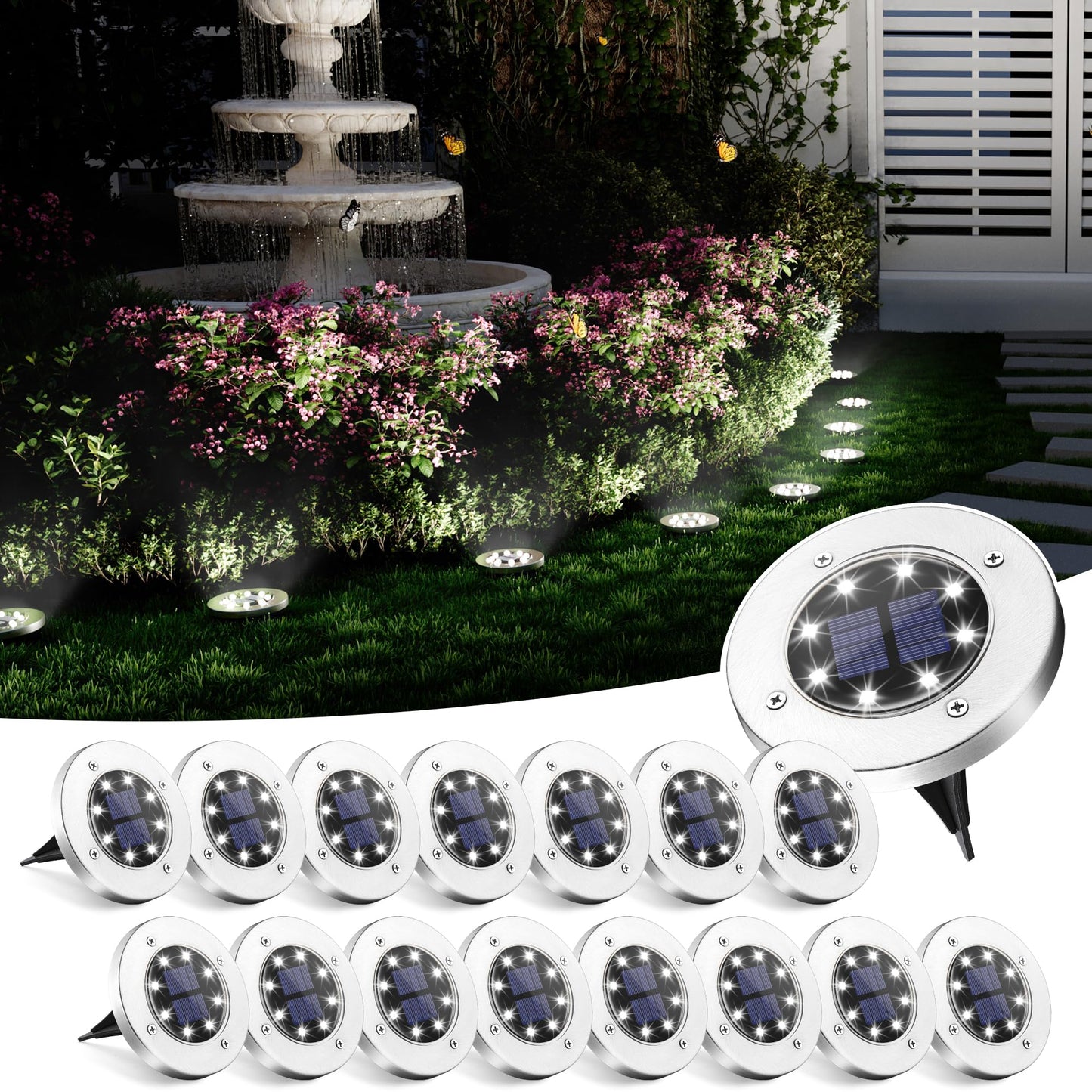 SOLPEX Solar Ground Lights, 16 Pack Solar Lights Outdoor Waterproof, 8 LED Solar Powered Landscape Lighting for Garden Yard Patio Pathway Driveway Walkway (Cool White)