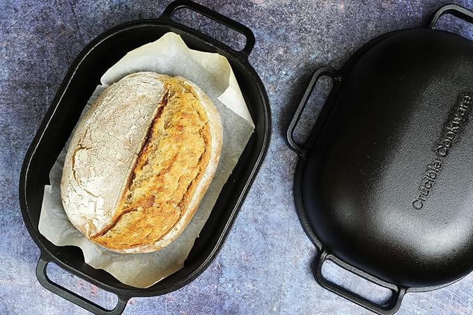 Crucible Cookware Extra Large Cast Iron Artisan Bread Pan 6 Loop Handles Deep Lid for Steam Baking