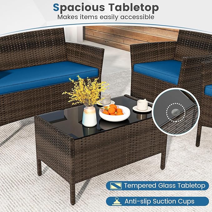 HAPPYGRILL 4 Pieces Outdoor Rattan Conversation Set, Patio Wicker Furniture Set with Loveseat Chairs & Tempered Glass Coffee Table, Outside Sectional Sofa Set for Backyard Garden Poolside, Blue
