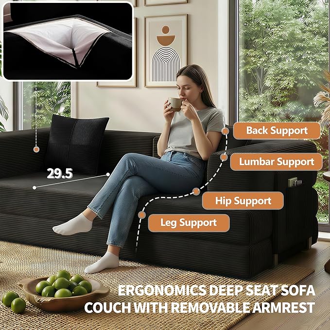Fancyfire 78.8" Convertible Sofa Bed with Armrest Pillow,4-in-1 Sleeper Couch Bed for Livingroom,Modular Corduroy Boneless couches,No Assembly (Black)