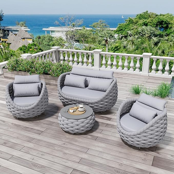 Erotr Woven Rope Patio Sofa Furniture Set of 4: Aluminum All Weather Outdoor Conversation Set, Couch Armchair and Loveseat Set with Table Cushions for Deck Porch Poolside Garden Backyard Hotel - Gray