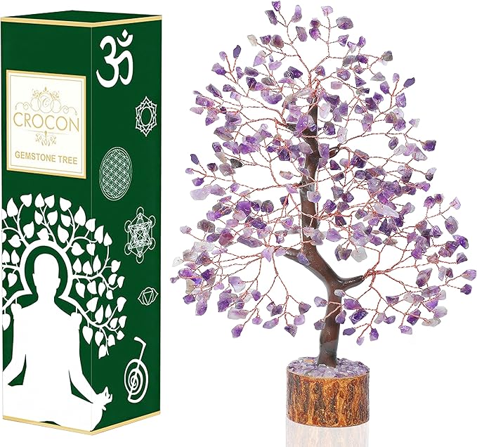 Crocon Amethyst Gemstone Tree Feng Shui Figurine Money Bonsai Chakra Balancing Good Luck Reiki Healing Crystals Decoration Ornament Sculpture Prosperity Table Decor Gift Size 10-12"""