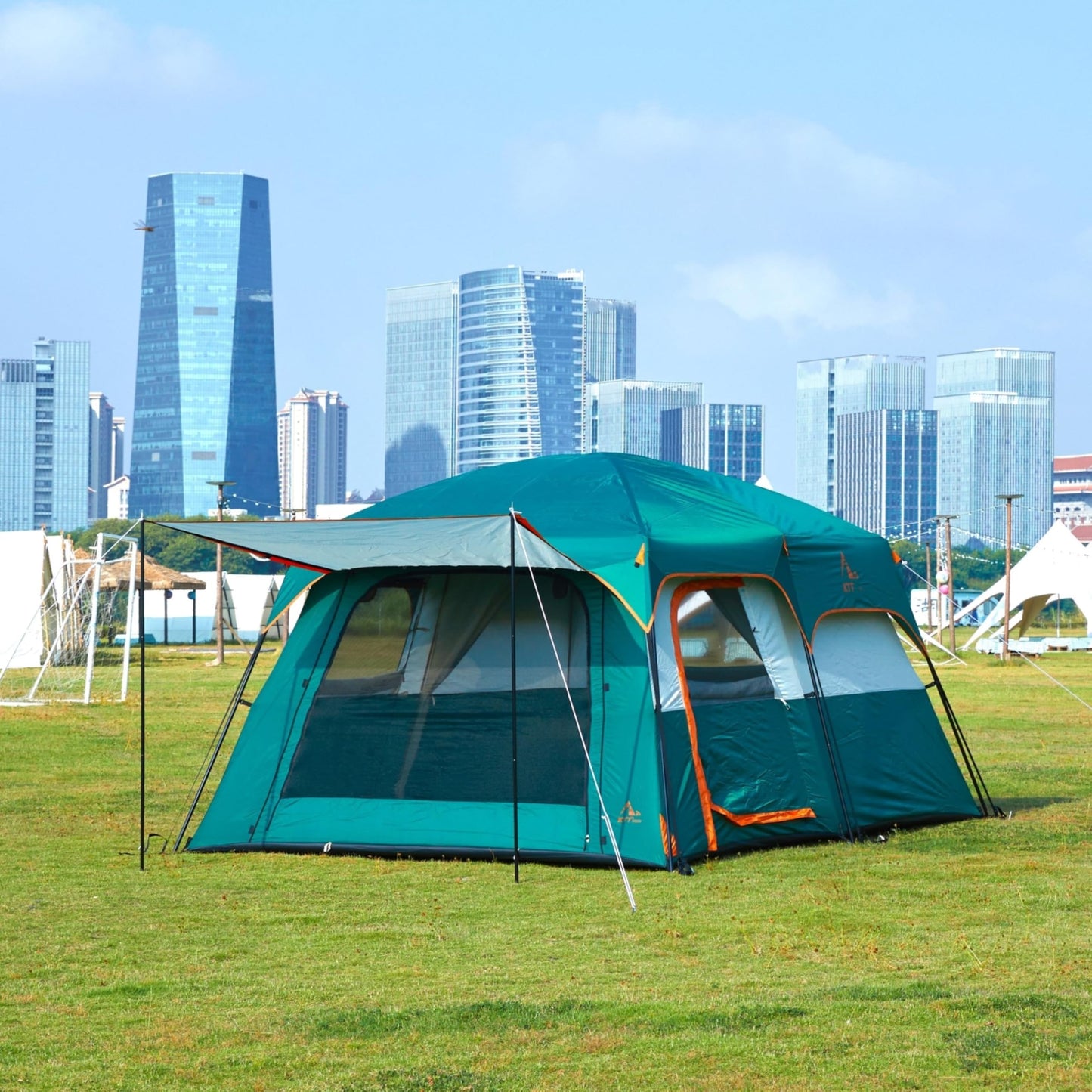 KTT Extra Large Tent 10 Person,Family Cabin Tents,2 Rooms,3 Doors and 3 Windows with Mesh,Straight Wall,Waterproof,Double Layer,Big Tent for Outdoor,Picnic,Camping,Family Gathering(Green)