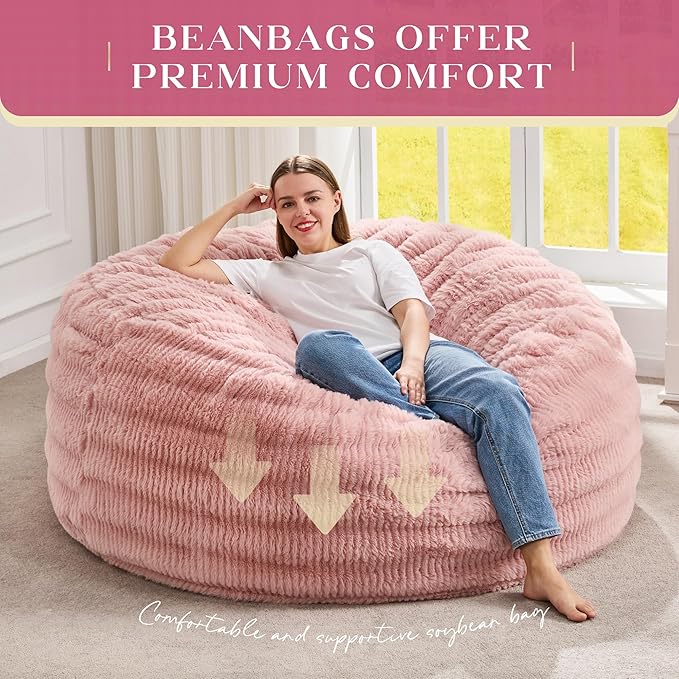 Hobestluk Bean Bag Chairs Beanbag Chair with Filler Adult Bean Bags with Fluffy Ripple Cover, Giant Bean Bag Chairs for Adults (Pink, 5FT - 50" x 50" x 24")