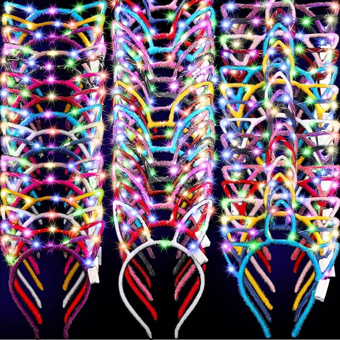 Janinka 60 Pcs Glow in the Dark Headbands Set, Cat Ear Headband Unicorn Rabbit Bunny Lighted Ear Headband Bulk for Women G...