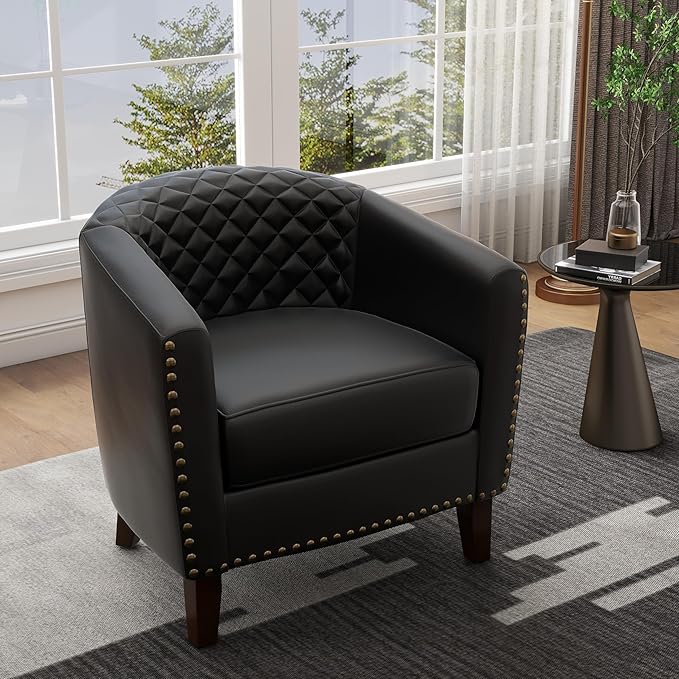 UIXE PU Leather Accent Chair, Barrel Club Chair Modern Upholstered Armchair for Living Room, Comfy Nailed Trim Arm Chair Bedroom Reading Seat, Black