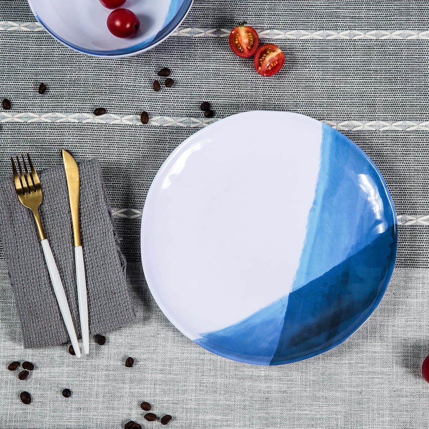 Melamine Plates and Bowls Set - 12pcs Dinnerware Dishes Set for 4, Dinner Plates for Indoor and Outdoor Use, Lightweight Break-resistant, Blue & White