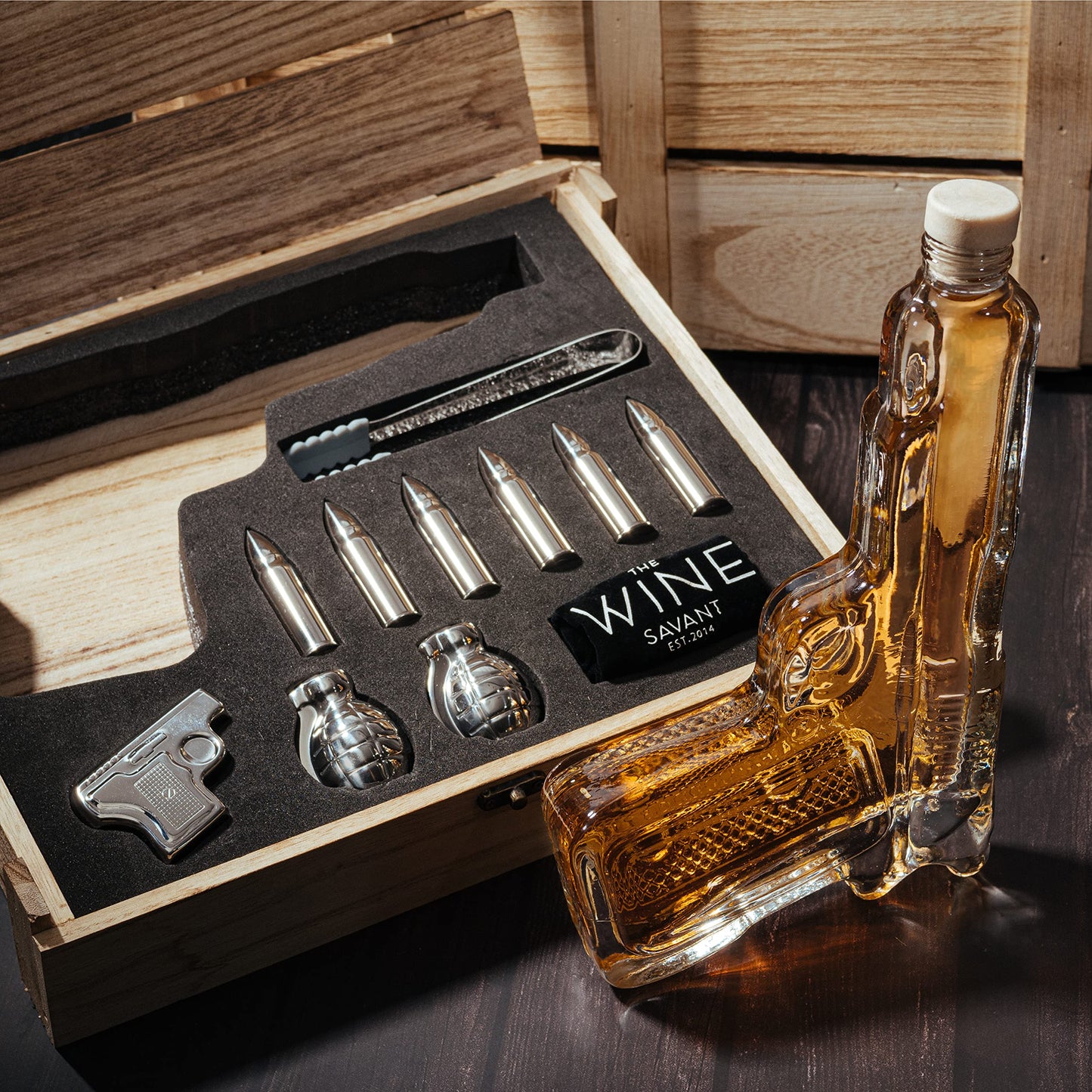 Gifts for Men Dad, Whiskey Decanter Set - 9 Oz with Two 2 Oz Glasses + Bullet Chillers Gun Birthday, Home Bar, Drinking Military Present Dispenser, Him Husband, Bar