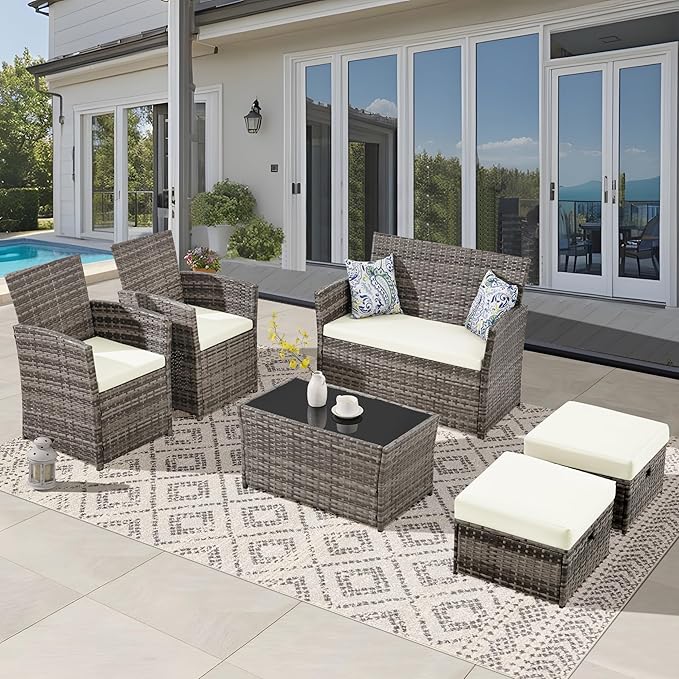 FHFO 6 Pieces Outdoor Patio Furniture Set, Wicker Sectional Sofa Patio Conversation Set Couch with Ottomans Rattan Chair and Table for Garden, Yard,Gray-Beige