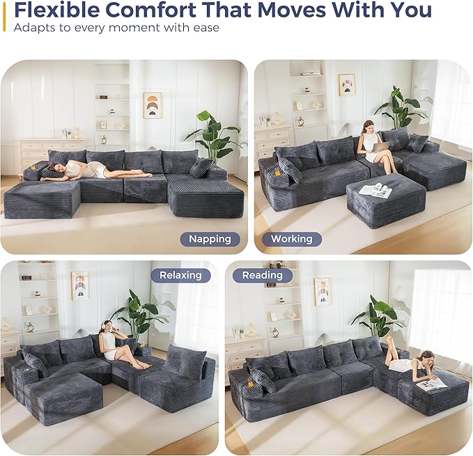 MAXYOYO 132" Giant U-Shaped Modular Sectional Couch, Modern Boneless Couch for Living Room, Sofa in A Box, Oversized Sofa Sleeper with Deep Seat, No Assembly Required, Dark Grey