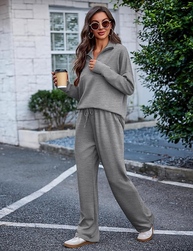 Totatuit Womens Sweatsuits 2 piece Set Lapel Half Zip Lightweight Sweatshirts and Wide Leg Pants Tracksuit Lounge Sets