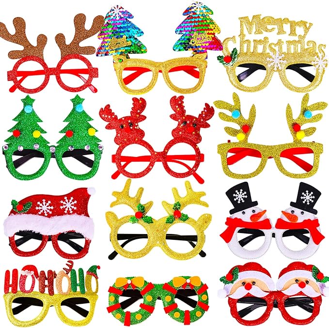 Max Fun 12Pcs Christmas Glasses Glitter Holiday Party Glasses Frames Christmas Decoration Accessories Costume Eyeglasses f...