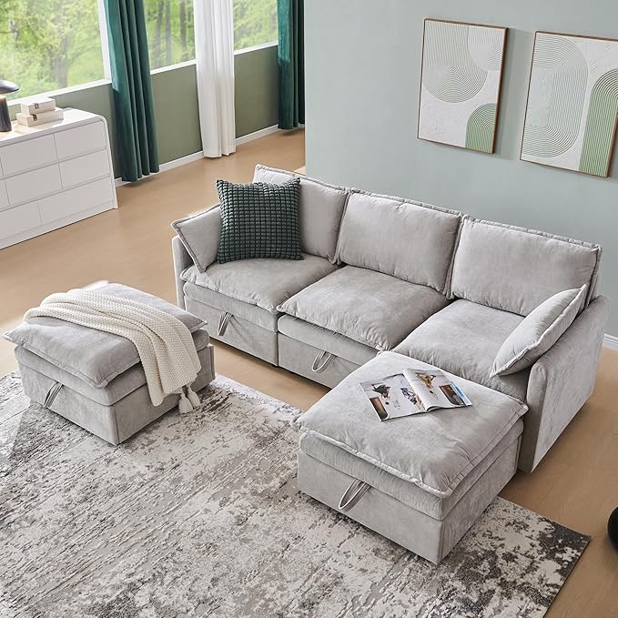 85.83" Sectional Couches for Living Room, Cloud Couch Sectional with Large Storage Ottoman, U-Shape Modular Sectional Sofa with 5 Seater Chenille Sofa and Pillow for Apartment, Bedroom, Light Gery