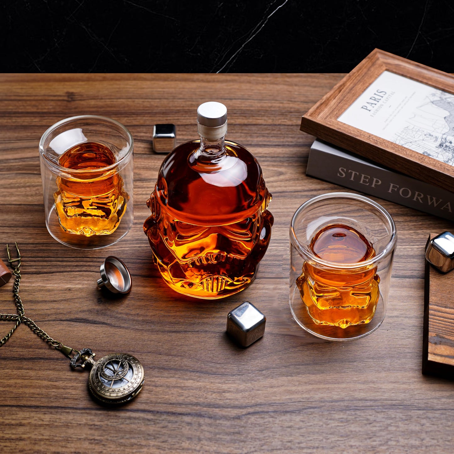 Transparent Creative Whiskey Decanter Set with 2 Glasses, Funnel,Decanter Stone, Flask Carefe, for Wine, Scotch Whiskey, Bourbon Whiskey, Vodka, Spirits-750ml, Thickened, Gifts for Men
