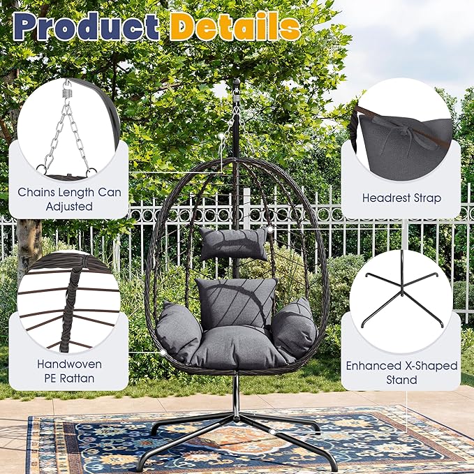 LEX CRAFT Egg Chair with Stand, Patio Wicker Hanging Chair, Hammock Swing Chair, 350LBS Capacity for Bedroom, Balcony, Garden(BR-GR)