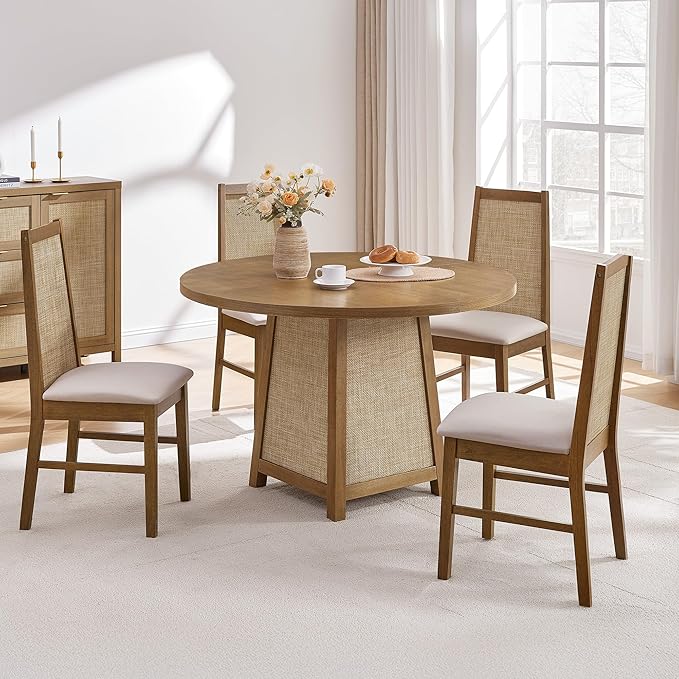 SICOTAS Wood Dining Chairs Set of 4 - Rattan Dining Room Chairs with Solid Wood Leg, Farmhouse Upholstered Kitchen Chairs High Back, Modern Armless Dining Chair for Dining Room, Kitchen, Oak, 4PCS
