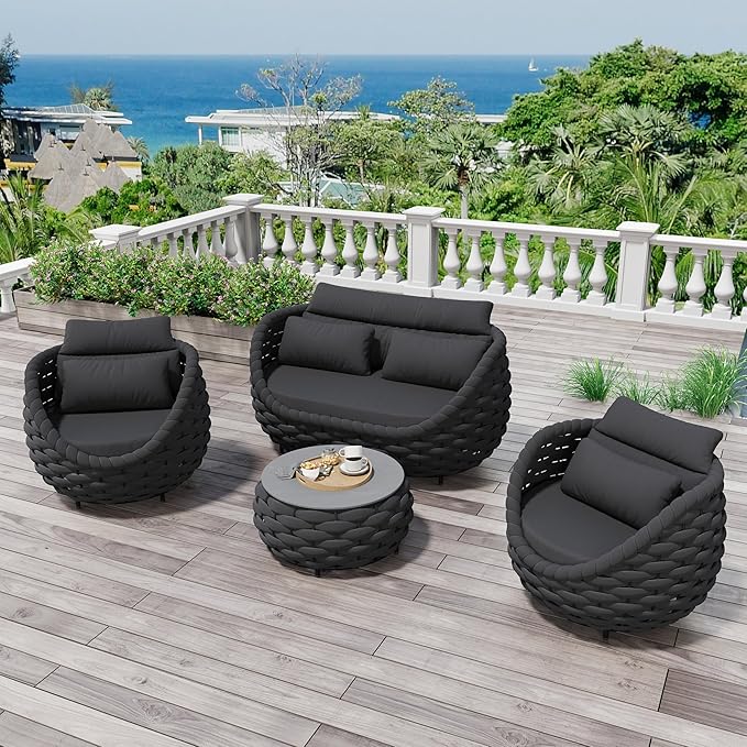 Erotr 4 Pieces Outdoor Patio Furniture Set, All Weather Textilene Patio Conversation Set Patio Sofa and Loveseat Set with Table Cushions for Bistro Poolside Garden Backyard Hotel - Dark Gray