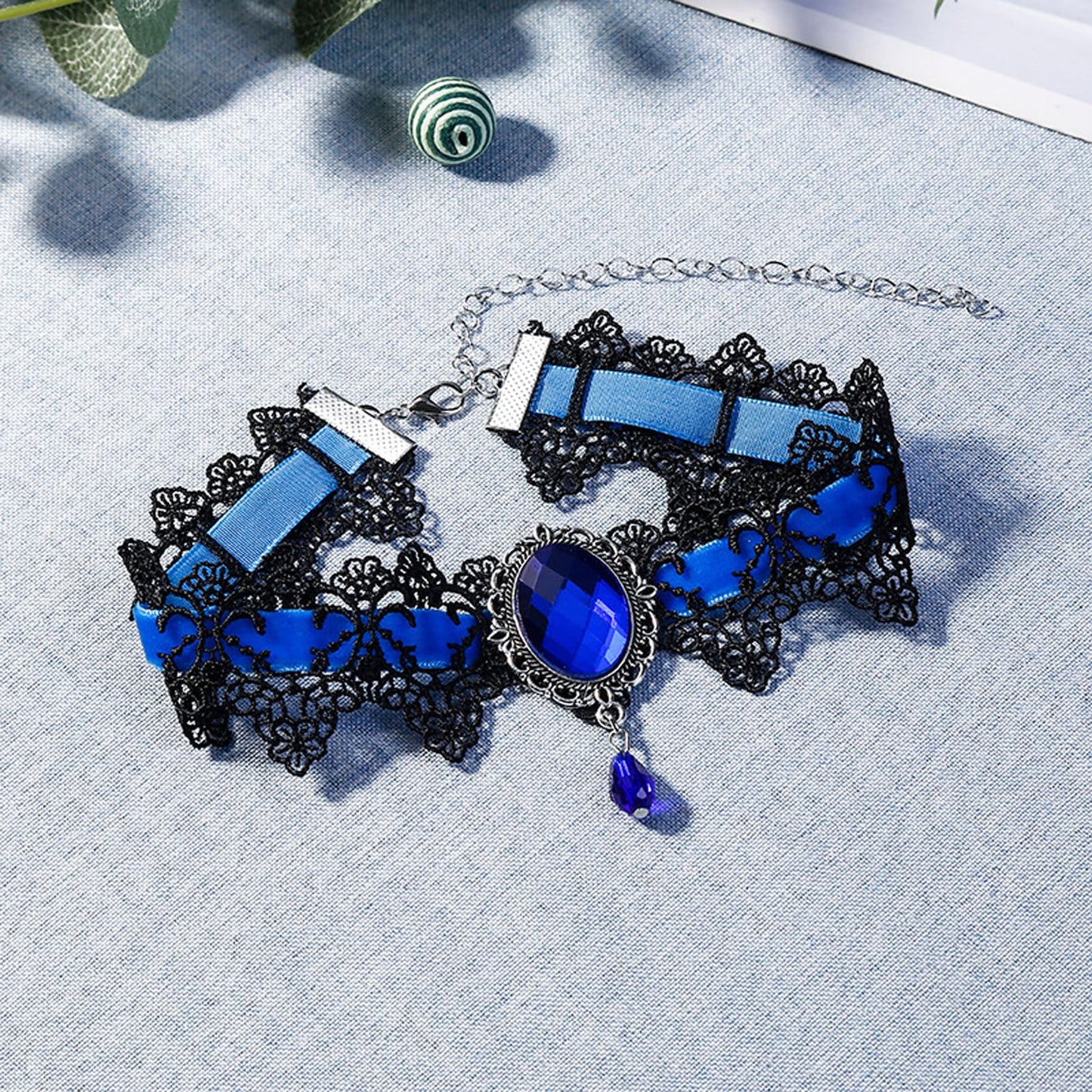 FUNOJOY Halloween Costumes Accessories Set for Women - Githic Skull Collar Necklace Bracelet,Vampire Masquerade Steampunk Victorian Lolita Lace Choker Jewelry Halloween Cosplay Party Supplies (blue)