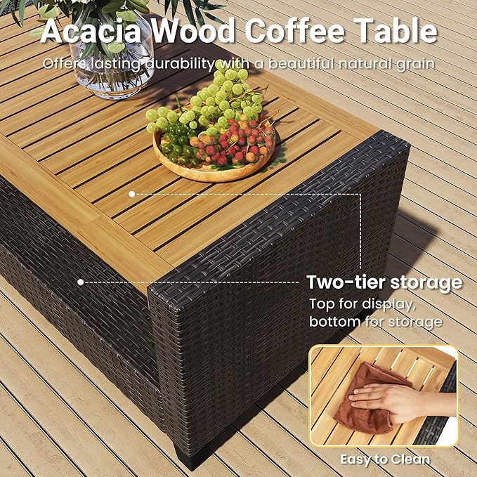 Wisteria Lane 4 Piece Patio Furniture Set, Wicker Outdoor Patio Conversation Furniture Set, All Weather Outdoor Patio Sofa with Cushion and Wood Table, Beige