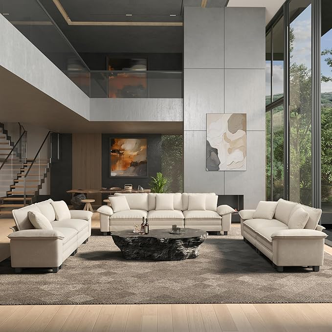 HERA'S HOUSE 2 Pieces Modular Sectional Sofa Sets, Oversized Couch Set with Loveseat and Armchair, Comfy Cloud Couches with Throw Pillows, 3-Seater Deep Seat Sofa for Living Room, Chenille Beige